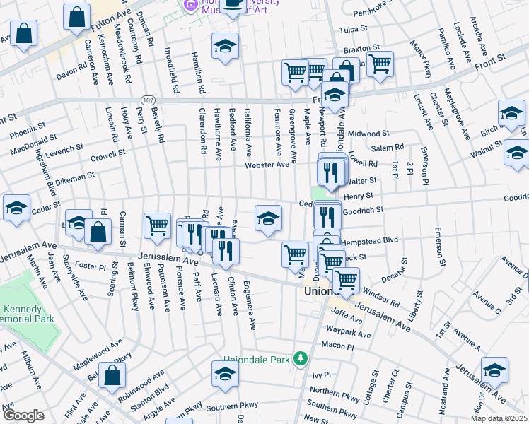 map of restaurants, bars, coffee shops, grocery stores, and more near 510 Mize Court in Uniondale