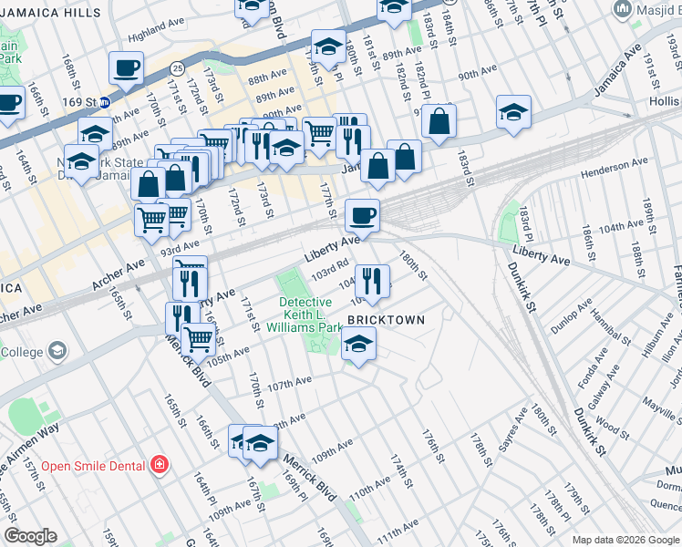 map of restaurants, bars, coffee shops, grocery stores, and more near 173-32 103rd Road in Queens