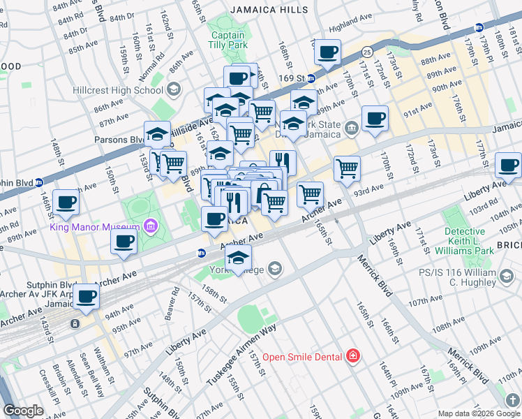 map of restaurants, bars, coffee shops, grocery stores, and more near 162-24 Jamaica Ave in Queens