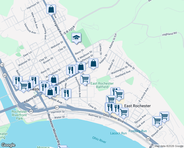 map of restaurants, bars, coffee shops, grocery stores, and more near 540 Washington Street in Aliquippa
