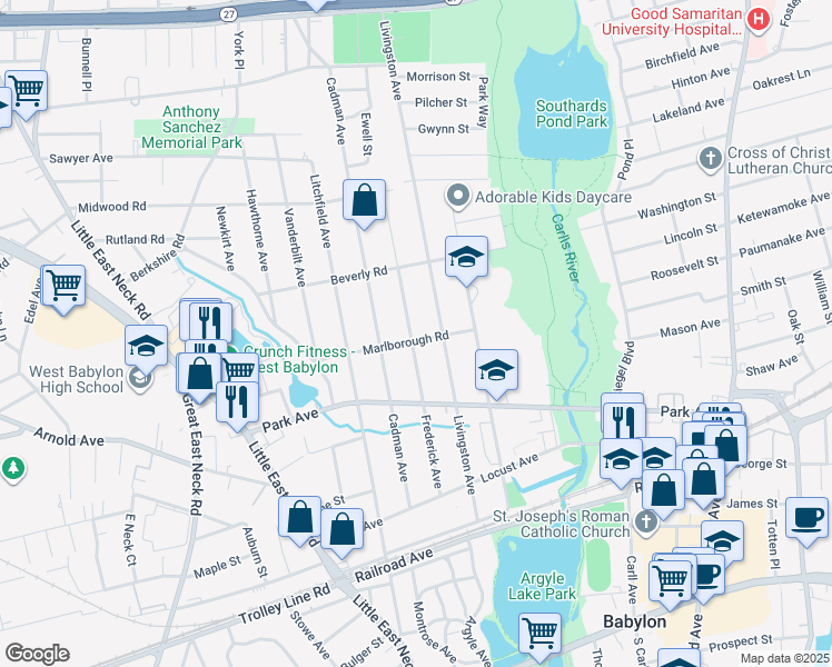 map of restaurants, bars, coffee shops, grocery stores, and more near 31 Marlborough Road in Babylon