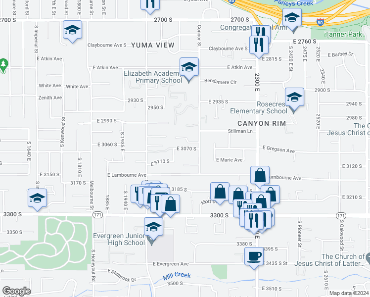 map of restaurants, bars, coffee shops, grocery stores, and more near 2110 East 3070 South in Salt Lake City