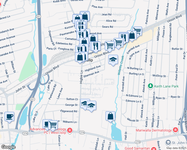 map of restaurants, bars, coffee shops, grocery stores, and more near 23 Barnard Street in West Islip