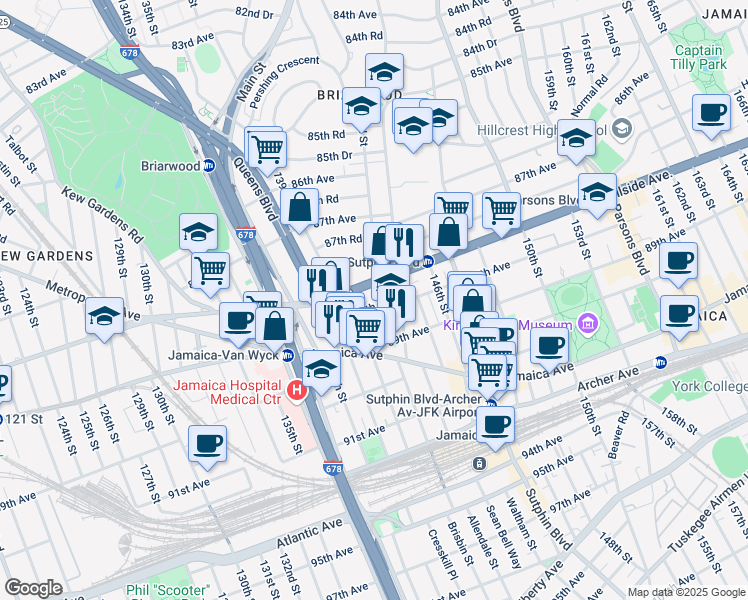 map of restaurants, bars, coffee shops, grocery stores, and more near 139-09 88th Avenue in Queens