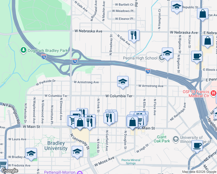 map of restaurants, bars, coffee shops, grocery stores, and more near 1318 North Broadway Street in Peoria