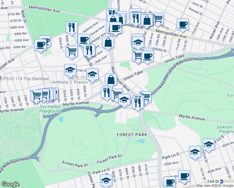 map of restaurants, bars, coffee shops, grocery stores, and more near 88-52 81st Avenue in Queens