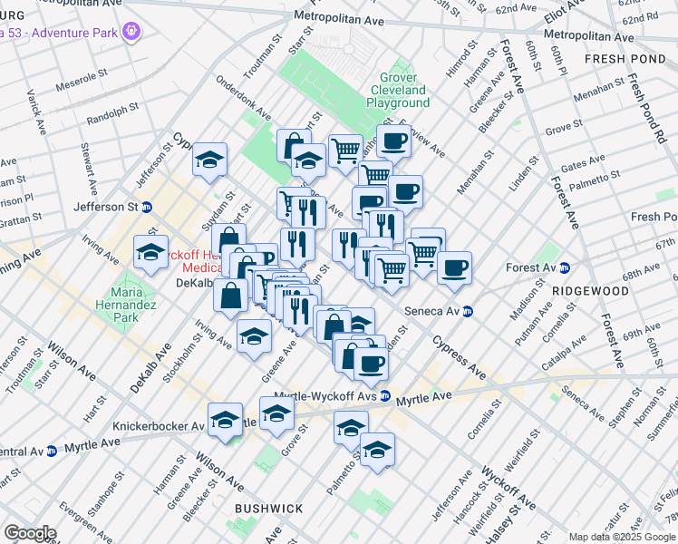 map of restaurants, bars, coffee shops, grocery stores, and more near 1531 Greene Avenue in Brooklyn