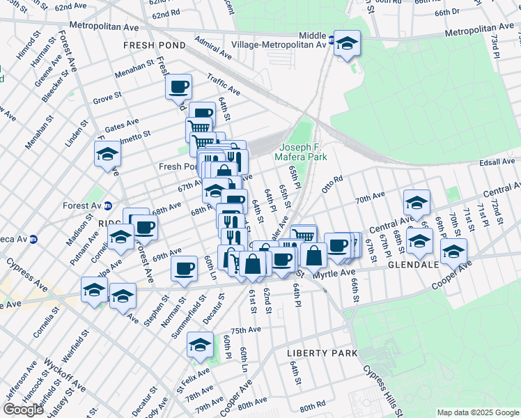 map of restaurants, bars, coffee shops, grocery stores, and more near 6402 Catalpa Avenue in Queens