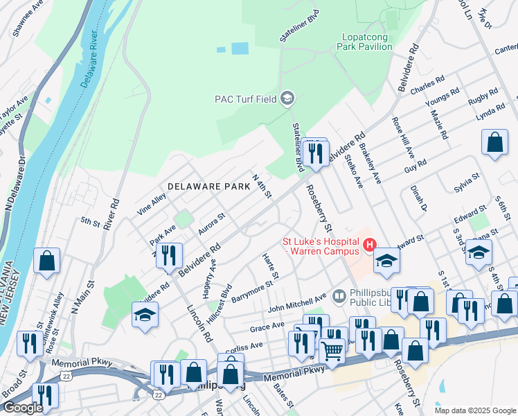 map of restaurants, bars, coffee shops, grocery stores, and more near 725 Belvidere Road in Phillipsburg