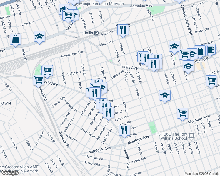 map of restaurants, bars, coffee shops, grocery stores, and more near 109-11 192nd Street in Queens
