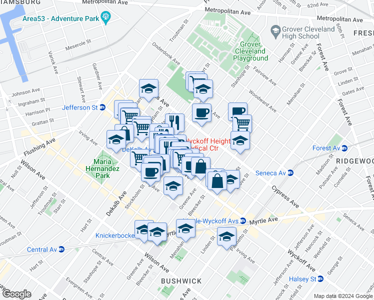 map of restaurants, bars, coffee shops, grocery stores, and more near 164 Saint Nicholas Avenue in Brooklyn