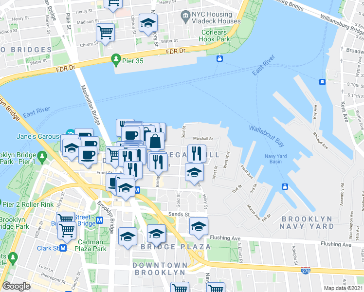 map of restaurants, bars, coffee shops, grocery stores, and more near Gold St & John St in Brooklyn
