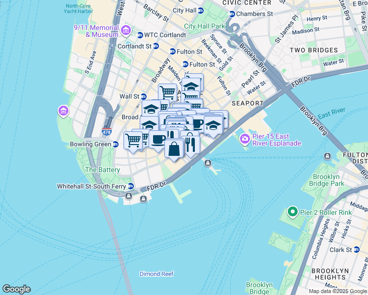 map of restaurants, bars, coffee shops, grocery stores, and more near 77 Water Street in New York
