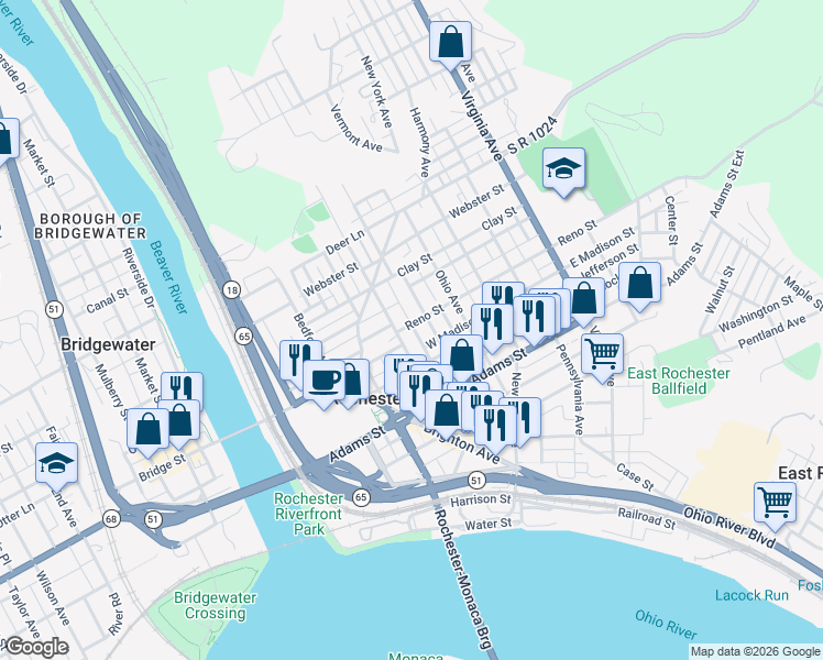 map of restaurants, bars, coffee shops, grocery stores, and more near 387 Connecticut Avenue in Rochester