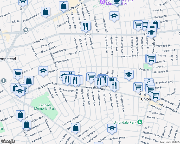 map of restaurants, bars, coffee shops, grocery stores, and more near 196 Perry Street in Hempstead