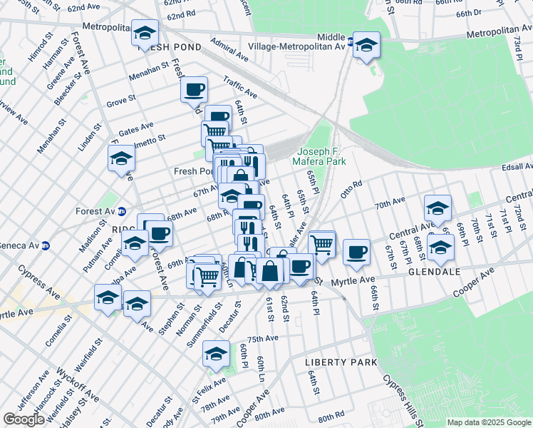 map of restaurants, bars, coffee shops, grocery stores, and more near 6865 Fresh Pond Road in Queens