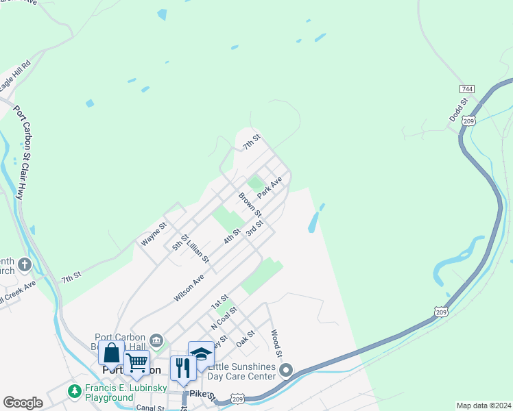 map of restaurants, bars, coffee shops, grocery stores, and more near 706 Park Avenue in Port Carbon