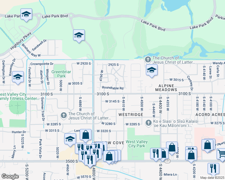 map of restaurants, bars, coffee shops, grocery stores, and more near 4687 Roundtable Road in West Valley City