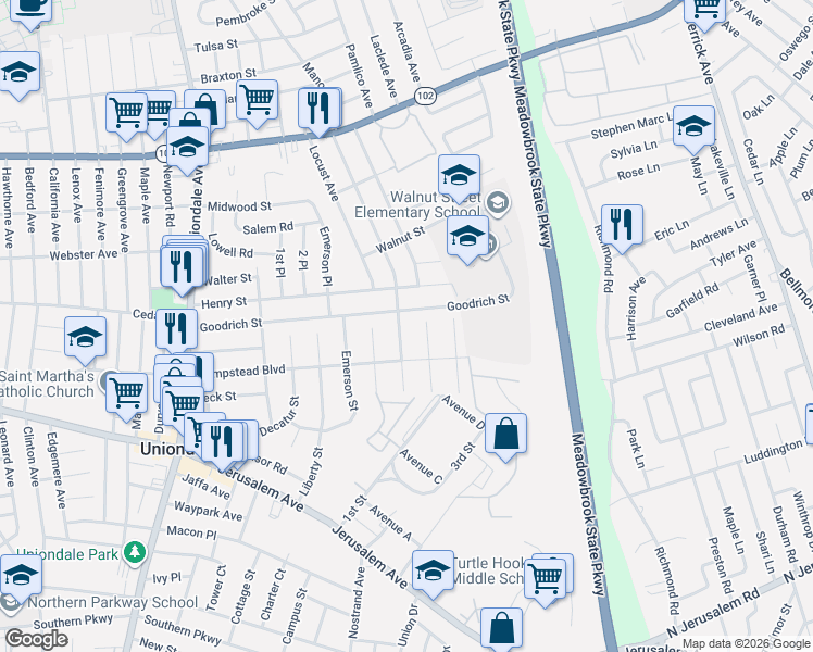 map of restaurants, bars, coffee shops, grocery stores, and more near 485 Chester Street in Uniondale