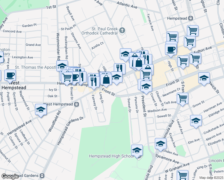 map of restaurants, bars, coffee shops, grocery stores, and more near 14 Front Street in Hempstead