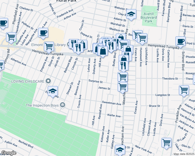 map of restaurants, bars, coffee shops, grocery stores, and more near 1460 Surprise Street in Elmont