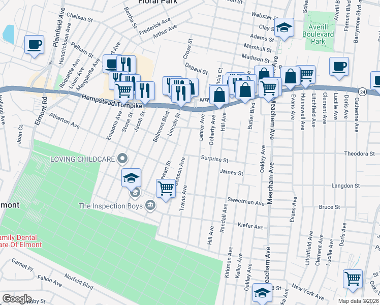 map of restaurants, bars, coffee shops, grocery stores, and more near 176 Benson Avenue in Elmont