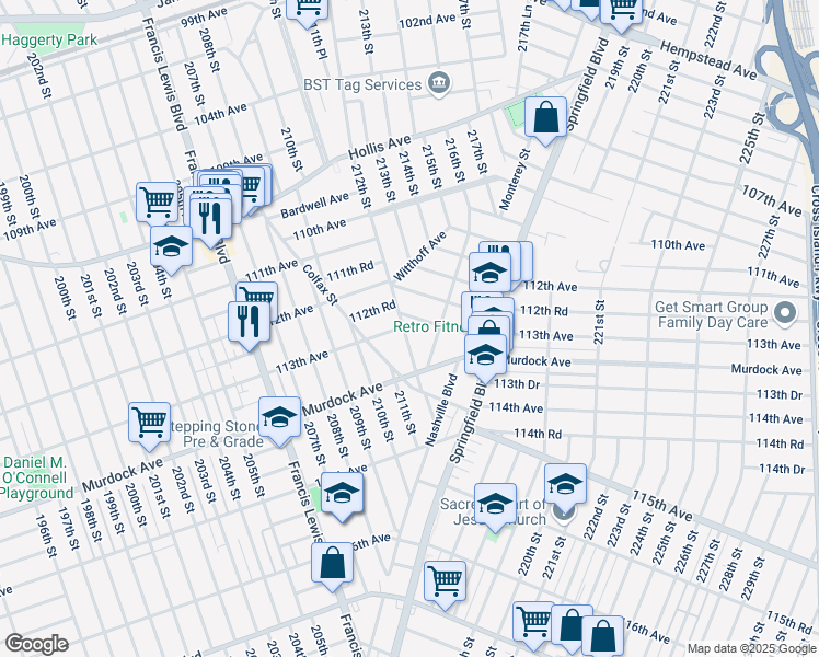 map of restaurants, bars, coffee shops, grocery stores, and more near 11312 Delevan Street in Queens