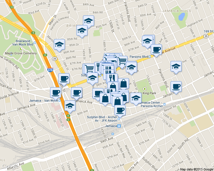 map of restaurants, bars, coffee shops, grocery stores, and more near 8836 Sutphin Boulevard in Queens