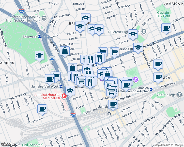map of restaurants, bars, coffee shops, grocery stores, and more near 8802 144th Street in Queens