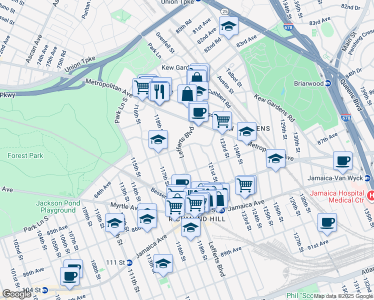 map of restaurants, bars, coffee shops, grocery stores, and more near 84-25 120th Street in Queens