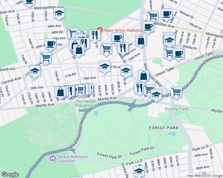 map of restaurants, bars, coffee shops, grocery stores, and more near 78-57 84th Street in Queens