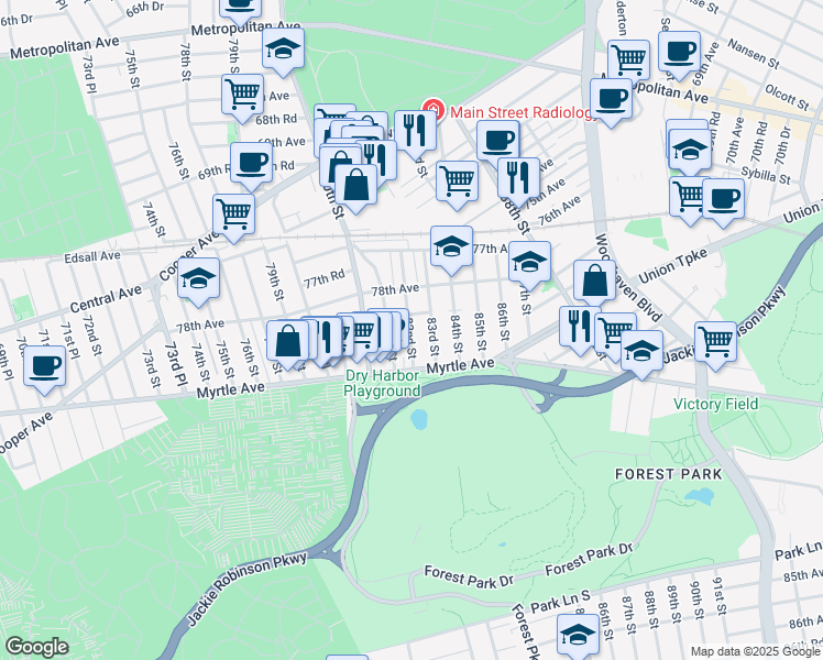 map of restaurants, bars, coffee shops, grocery stores, and more near 78-56 83rd Street in Queens