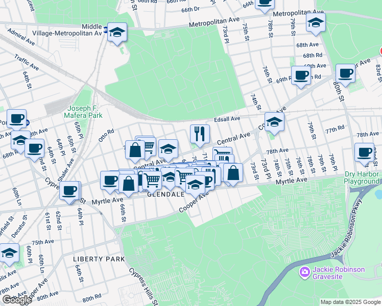 map of restaurants, bars, coffee shops, grocery stores, and more near 71-03 69th Place in Queens