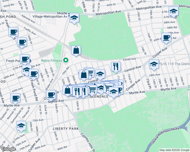 map of restaurants, bars, coffee shops, grocery stores, and more near 70-35 68th Street in Queens