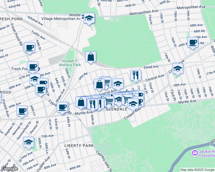 map of restaurants, bars, coffee shops, grocery stores, and more near 70-35 68th Street in Queens