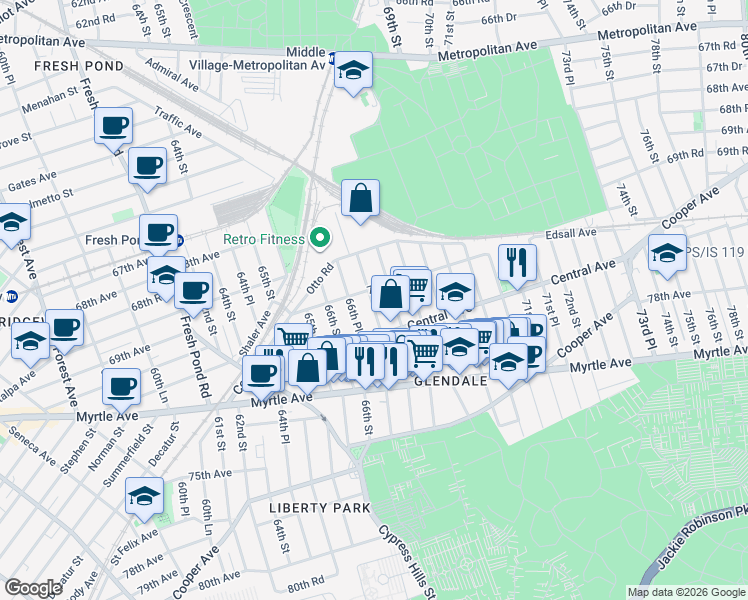 map of restaurants, bars, coffee shops, grocery stores, and more near 70-20 67th Place in Queens