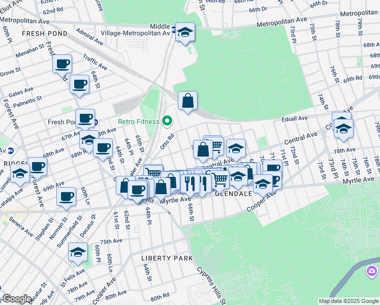 map of restaurants, bars, coffee shops, grocery stores, and more near 70-12 66th Place in Queens
