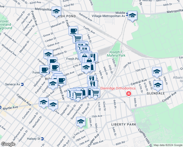 map of restaurants, bars, coffee shops, grocery stores, and more near in Queens