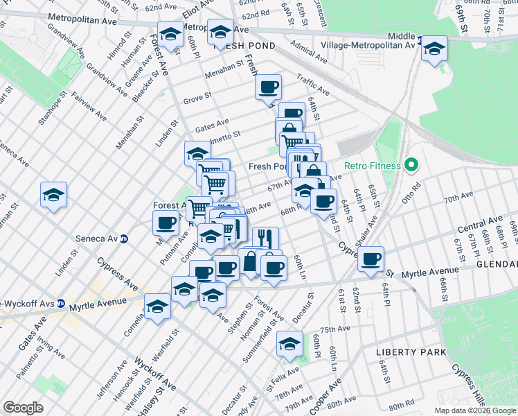 map of restaurants, bars, coffee shops, grocery stores, and more near 60-27 68th Road in Queens