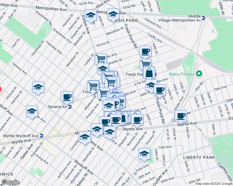 map of restaurants, bars, coffee shops, grocery stores, and more near 67-24 60th Street in Queens