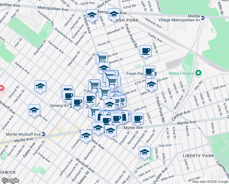 map of restaurants, bars, coffee shops, grocery stores, and more near in Queens