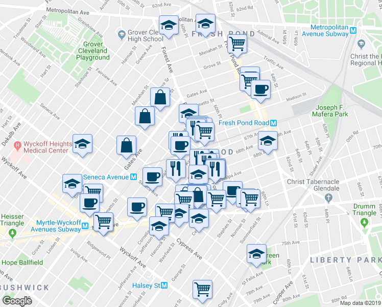 map of restaurants, bars, coffee shops, grocery stores, and more near in Queens