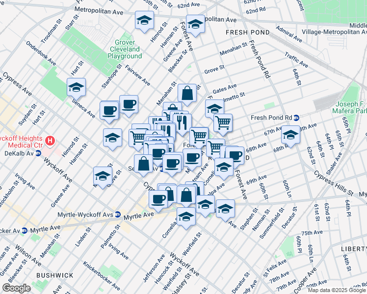 map of restaurants, bars, coffee shops, grocery stores, and more near 6-89 Onderdonk Avenue in Queens