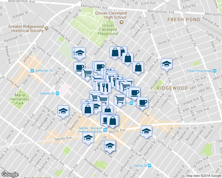 map of restaurants, bars, coffee shops, grocery stores, and more near 17-38 Menahan Street in Queens
