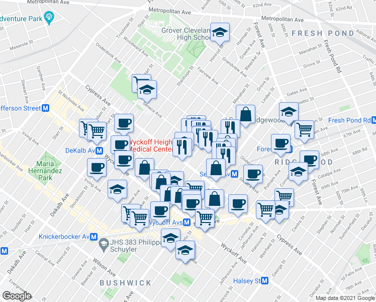 map of restaurants, bars, coffee shops, grocery stores, and more near 17-38 Menahan Street in Queens