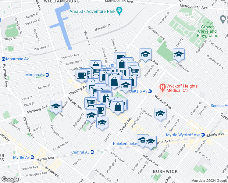map of restaurants, bars, coffee shops, grocery stores, and more near 163 Starr Street in Brooklyn