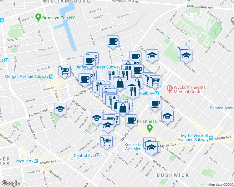 map of restaurants, bars, coffee shops, grocery stores, and more near 163 Starr Street in Brooklyn