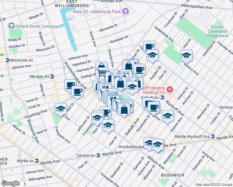 map of restaurants, bars, coffee shops, grocery stores, and more near 163 Starr Street in Brooklyn