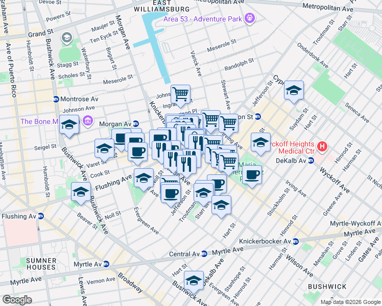 map of restaurants, bars, coffee shops, grocery stores, and more near in Brooklyn