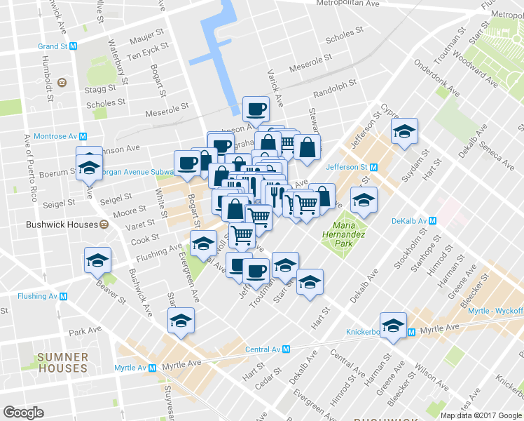 map of restaurants, bars, coffee shops, grocery stores, and more near 139 George Street in Brooklyn